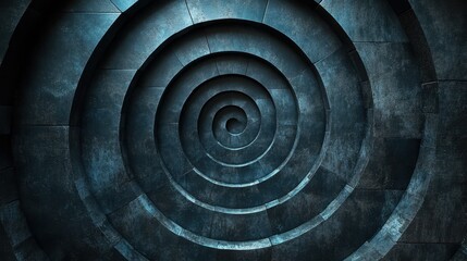 An abstract spiral pattern with a textured dark surface, creating a sense of depth and movement in shades of blue and grey.