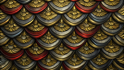 Fototapeta premium Intricate gold, red, and silver decorative scales pattern