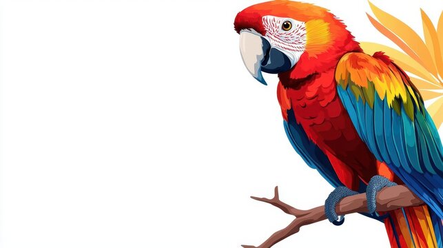 A vibrant parrot perched on a branch, flat design, tropical colors, isolated on white background