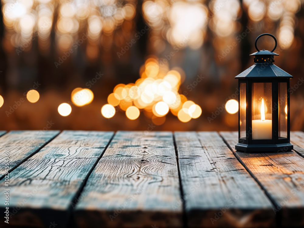 Poster burning lantern illuminating empty wooden table in autumn