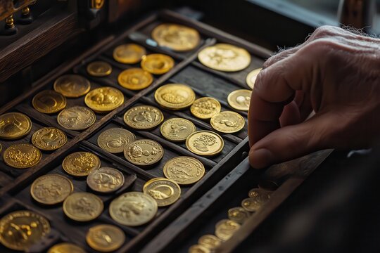Hand selecting vintage gold coins from a wooden box, showcasing a collection of rare and valuable currency. Ideal for antique and numismatic themes.