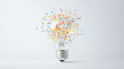 A colorful light bulb filled with vibrant confetti symbolizes creativity and innovation. This playful image captures essence of bright ideas and inspiration