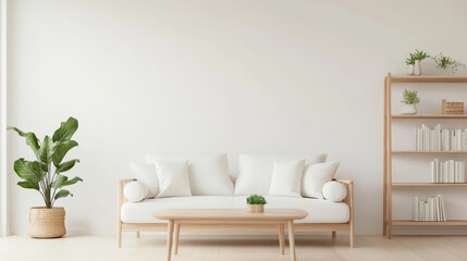 A modern living room featuring cozy white sofa with plush cushions, wooden coffee table, and stylish bookshelf filled with books. vibrant green plant adds touch of nature to serene space