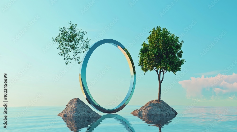 Poster 3d render, abstract surreal of golden tree with metal ball on a lake and pastel dune background.