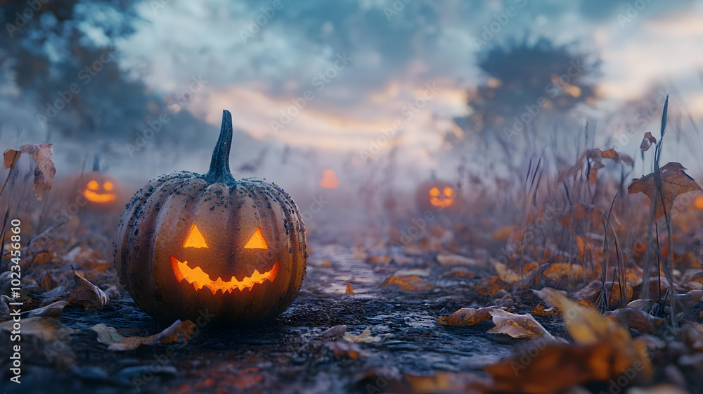 Wall mural spooky jack-o'-lantern in a foggy forest - 3d illustration