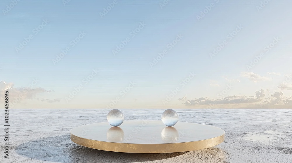 Leinwandbilder the scene is rendered in 3d and has an empty podium made from pastel yellow on a dune with reflectio