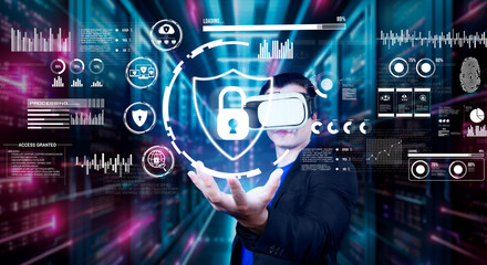 Business man holding at security system hologram and standing at data center. Skilled project manager checking and verify identity and accessing network security. Technology innovation. Ingenuity.