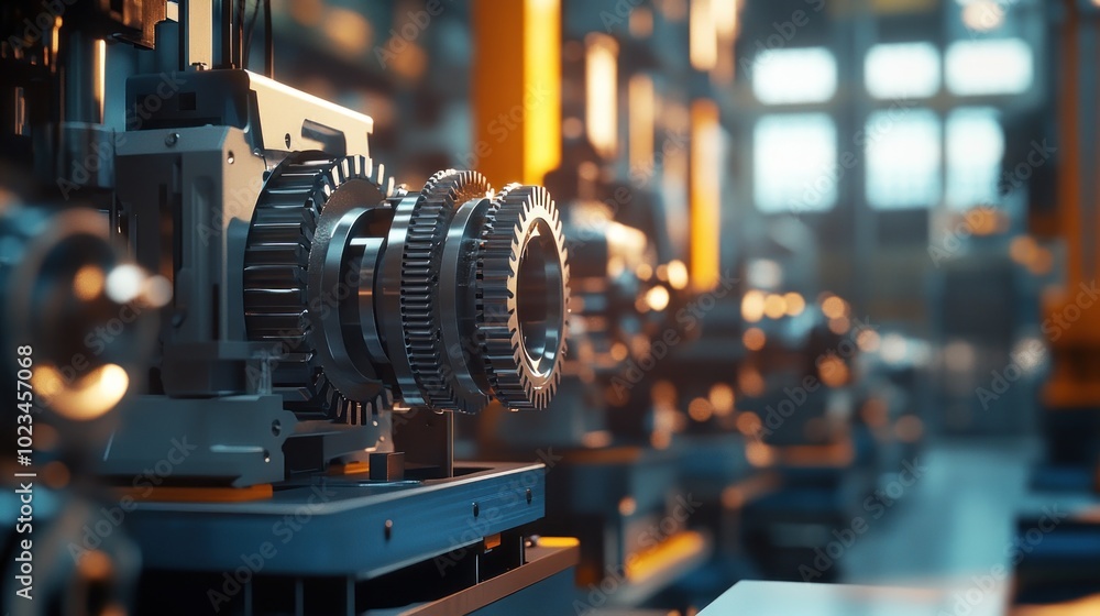 Poster a close-up view of industrial machinery with gears, emphasizing precision engineering.