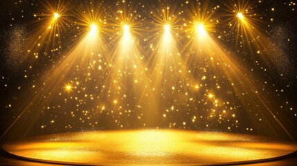 Bright spotlights illuminate a golden stage, with twinkling stars adding to the festive celebration