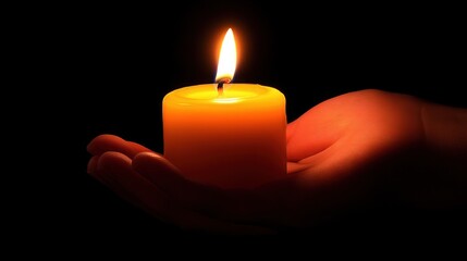A single lit candle held in an open hand against a black background.