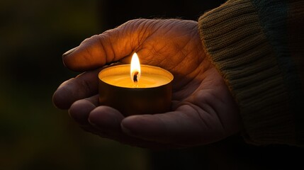 A man's hand holding a burning candle in the dark.