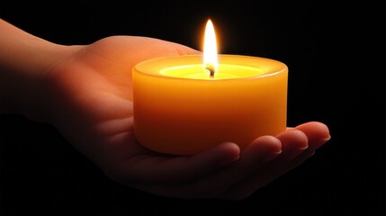 A hand holds a lit candle against a black background.