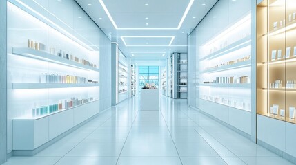 Obraz premium Clean, centered wall mockup in a bright beauty department store, shelves on either side, ideal for promotional displays or signage