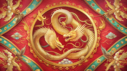 Fototapeta premium Golden dragons entwined in circular design on red decorative background