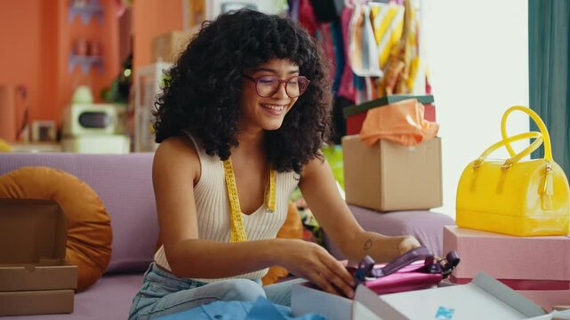 Young woman selling clothes and accessories online from home. Fashionable girl owning a small online business in her colored apartment. 