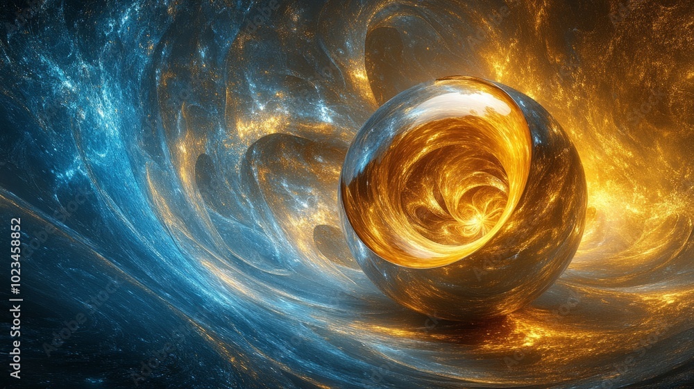 Poster a large, glowing sphere is floating in a blue and orange space