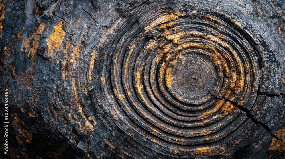 Poster close-up of the growth rings of a tree, showcasing the unique patterns and rough textures of the bar