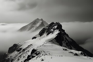 Dramatic Snow-Covered Mountain Range in Foggy Landscape