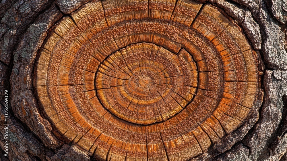 Poster close-up of the growth rings of a tree, showcasing the unique patterns and rough textures of the bar