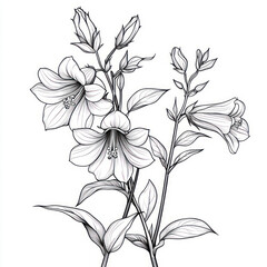 A Penstemon, black and white handdrawn sketch, isolated on solid white background