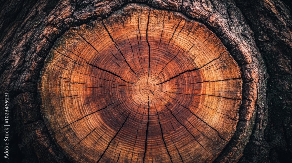 Poster close-up view of the intricate growth rings on a tree trunk, highlighting the texture and natural pa