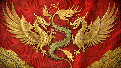 Fototapeta premium Two golden dragons facing each other on red royal background
