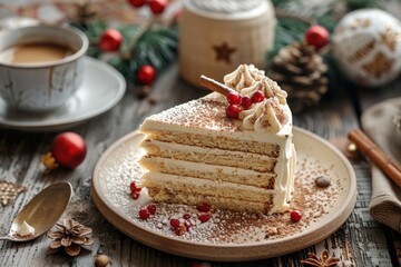 Eggnog-infused cream cake with coffee dessert wooden decorations.