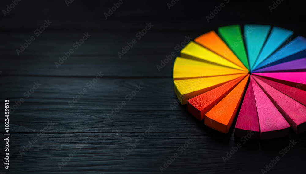 Poster colorful pie chart with vibrant segments arranged in circular pattern, showcasing spectrum of colors