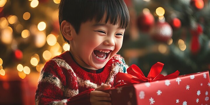 happy kid opening christmas present 