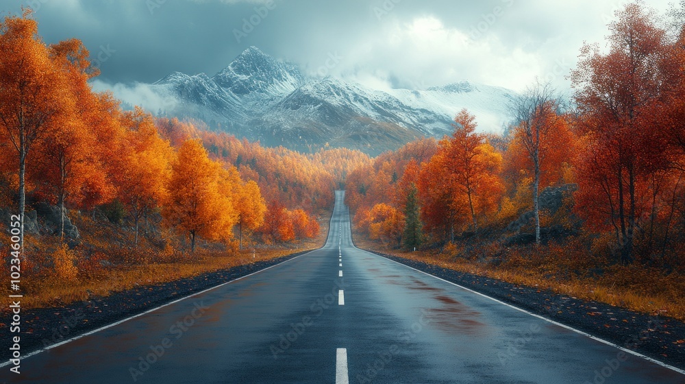 Poster A road with a mountain in the background and trees on both sides