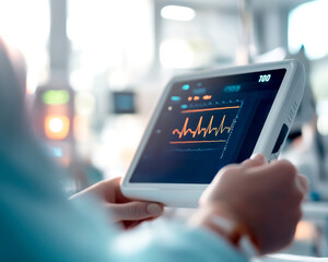 healthcare professional monitors patient vitals using noninvasive medical device, showcasing vital signs on digital screen in clinical setting