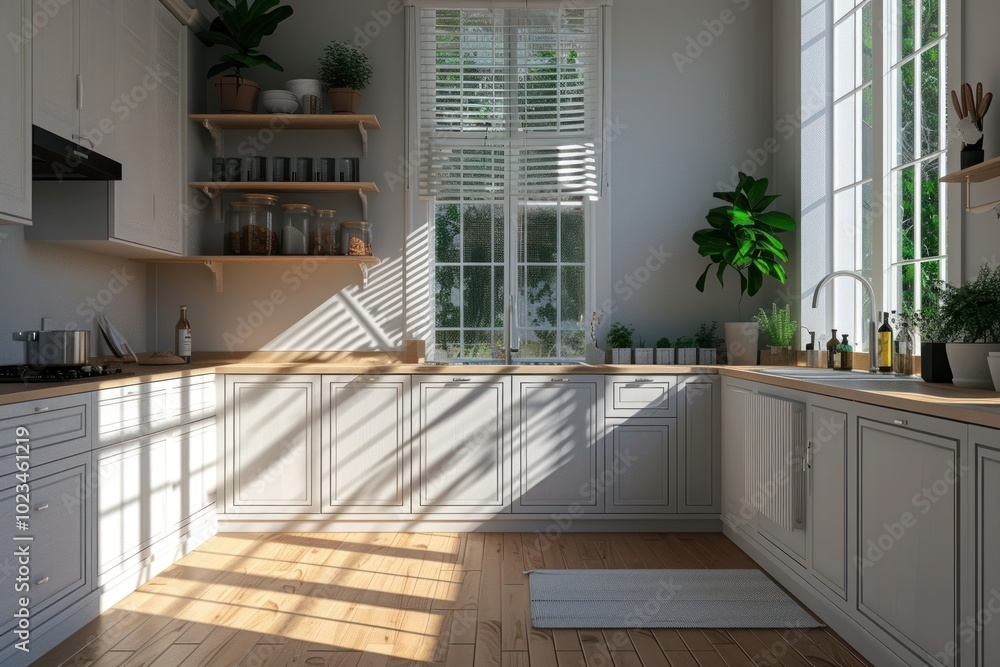 Canvas Prints Empty modern kitchen stage window floor plant.