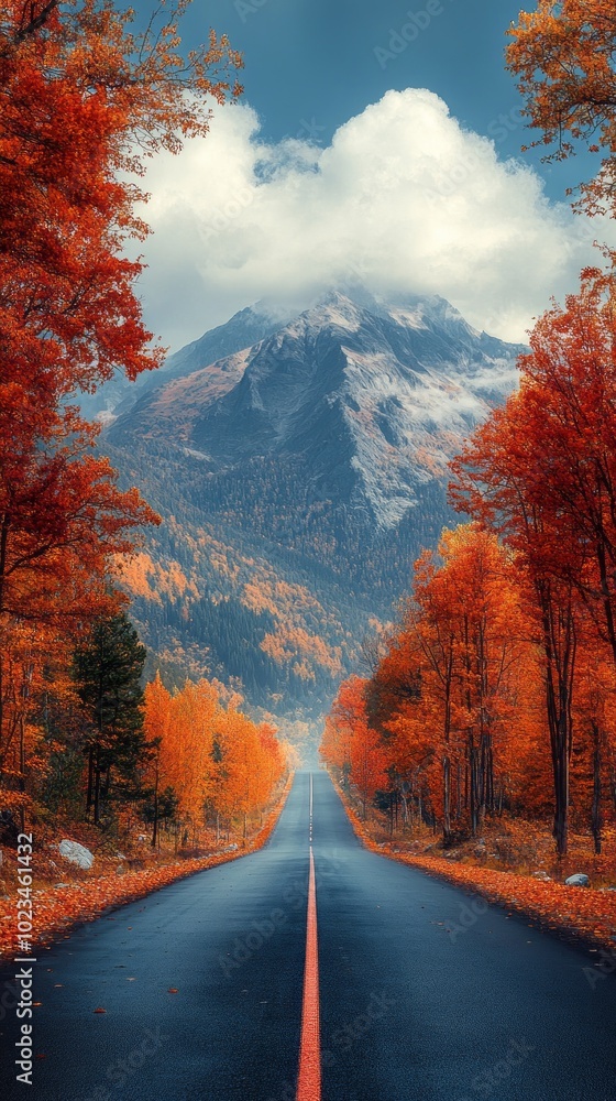 Poster a road with trees on both sides and a mountain in the background