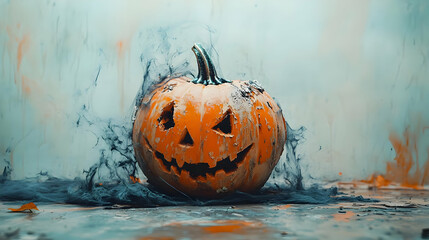 Spooky Carved Pumpkin with Black Smoke Illustration