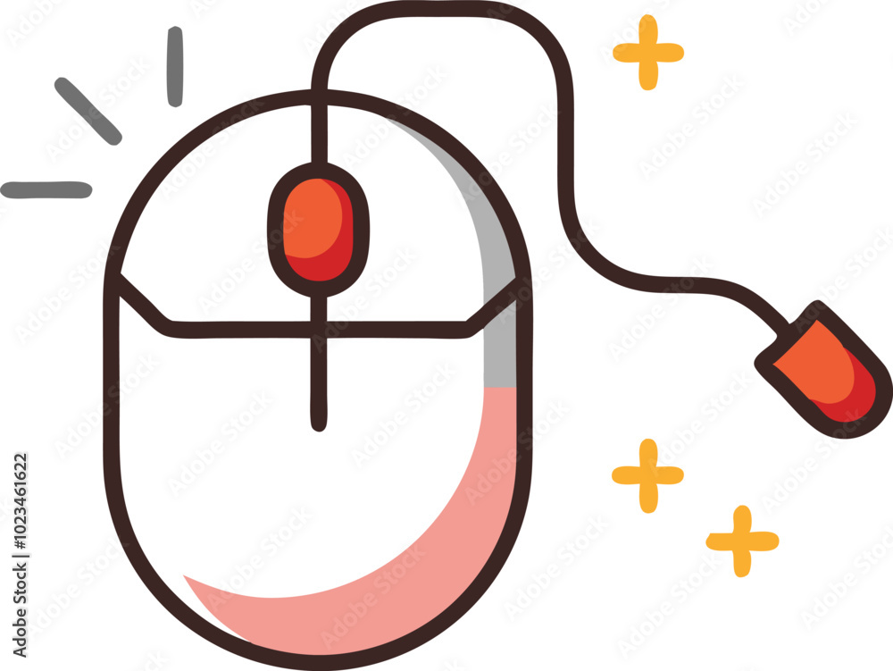Poster a fun vector illustration of a computer mouse with a cord forming an abstract design, representing t