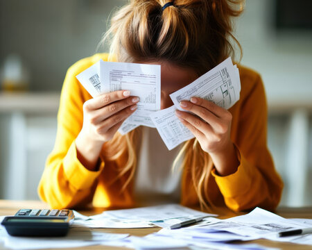 Stressed woman holding multiple overdue bills in both hands, feeling overwhelmed by financial responsibilities. scene captures emotional burden of managing finances