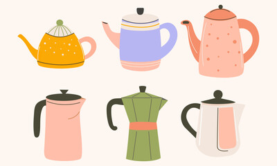 Set of cute colorful coffee and tea kettles.  Various teapots on a white background.