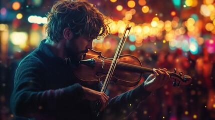 Fototapeta premium A man is skillfully playing a beautiful violin in front of a crowd