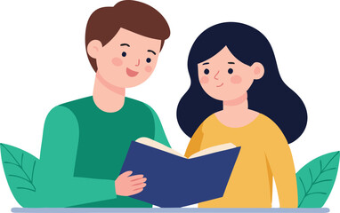 Fototapeta premium A vector illustration of a couple reading together, symbolizing knowledge sharing, learning, and relaxation with books.