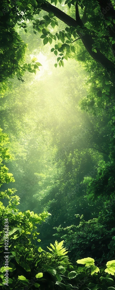 Poster lush green forest illuminated by soft sunlight filtering through the trees.