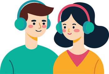Obraz premium A playful vector illustration of a couple wearing headphones, symbolizing music sharing, enjoyment, and connection through sound.