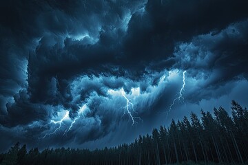 Dramatic stormy sky with lightning over dark forest silhouette.