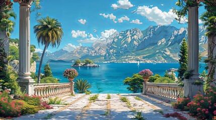 Mediterranean Landscape with traditional romantic belvedere in a park with a garden, flowering beds, palms, island and the sea in the background. Handmade drawing vector illustration