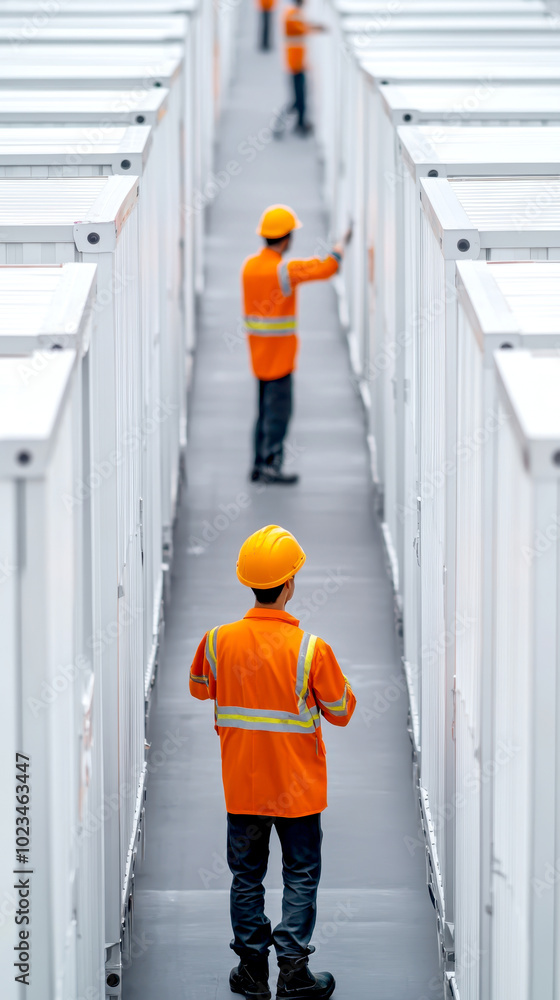 Poster workers assembling modular infrastructure in large urban setting, wearing safety gear and helmets, f