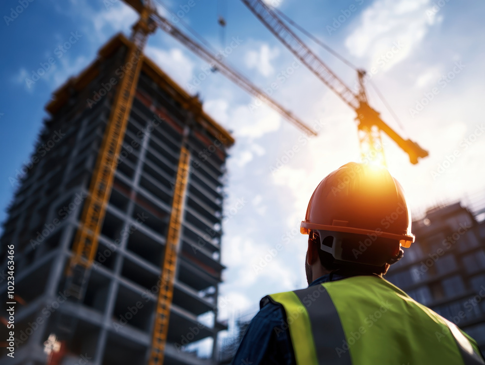 Poster construction worker observing tall building under construction with cranes in background. scene capt