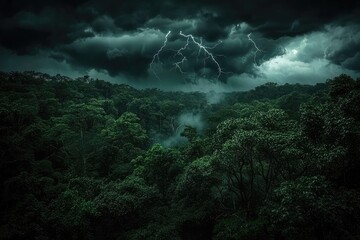 Stormy forest landscape with dark clouds and lightning in the background.