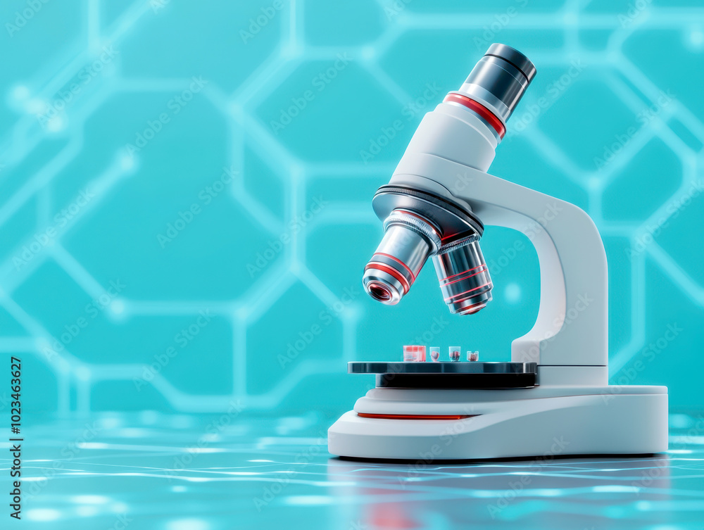 Poster modern microscope sits on sleek surface, showcasing its advanced design and precision optics. backgr