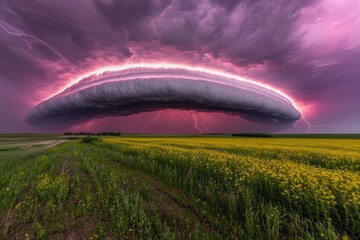 Vivid lightning storm with dramatic clouds over a vibrant yellow field.