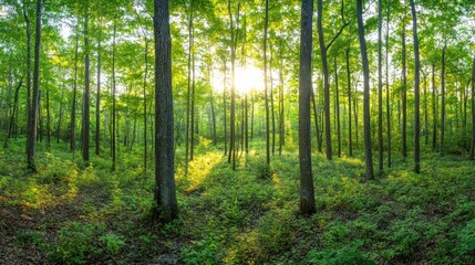 Obraz premium A vibrant green forest with tall trees and a sun shining through the canopy.