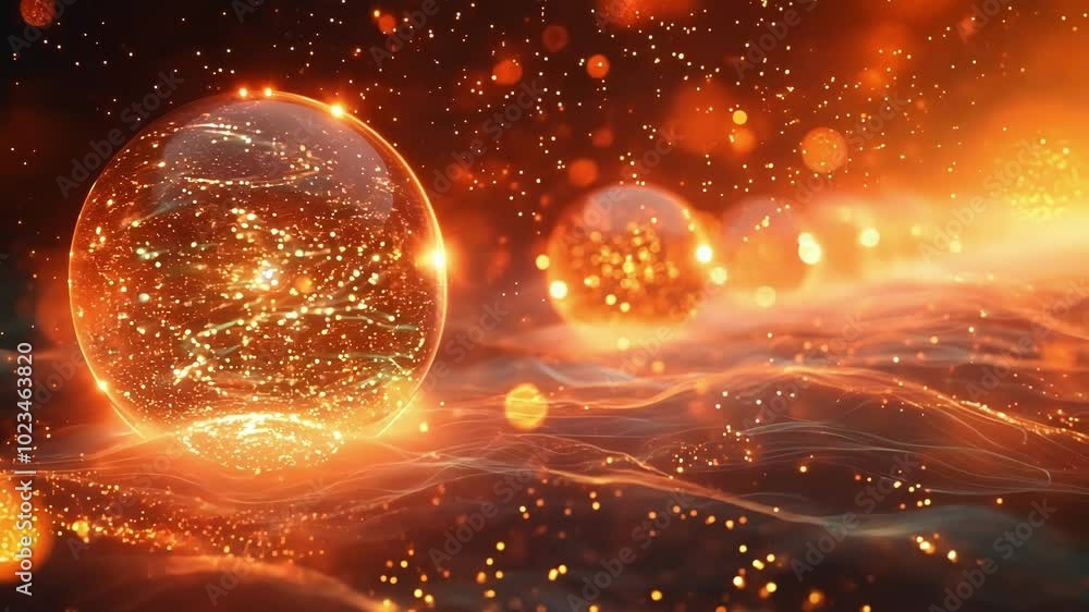 Poster abstract background with a glowing sphere creating waves of energy and particles, ideal for technolo